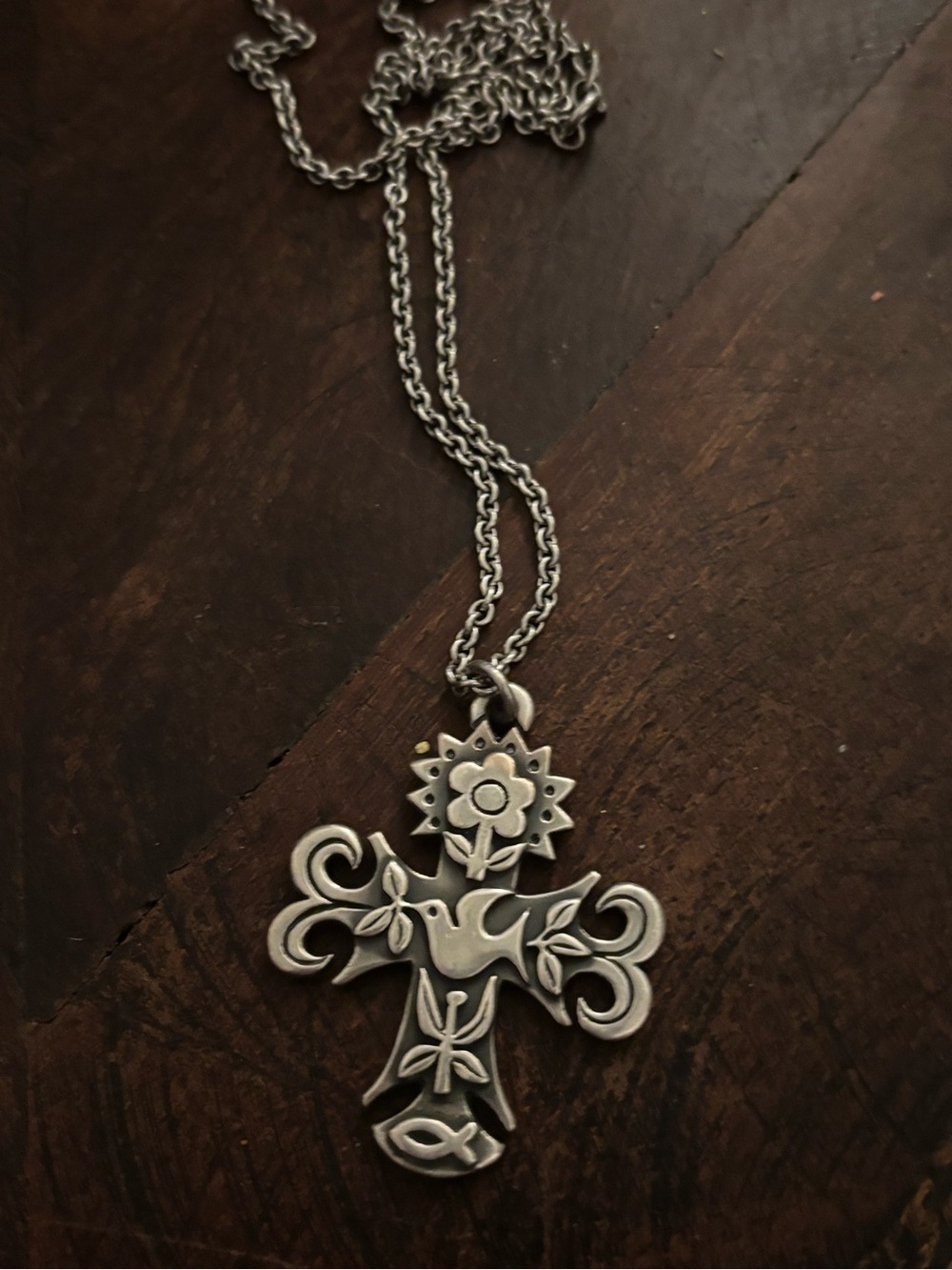 Vintage James Avery Silver Flower and Dove Cross Pendant Necklace